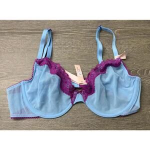 Victoria's Secret Tease Unlined Sheer Blue Purple Lace Bra Women Size 36C